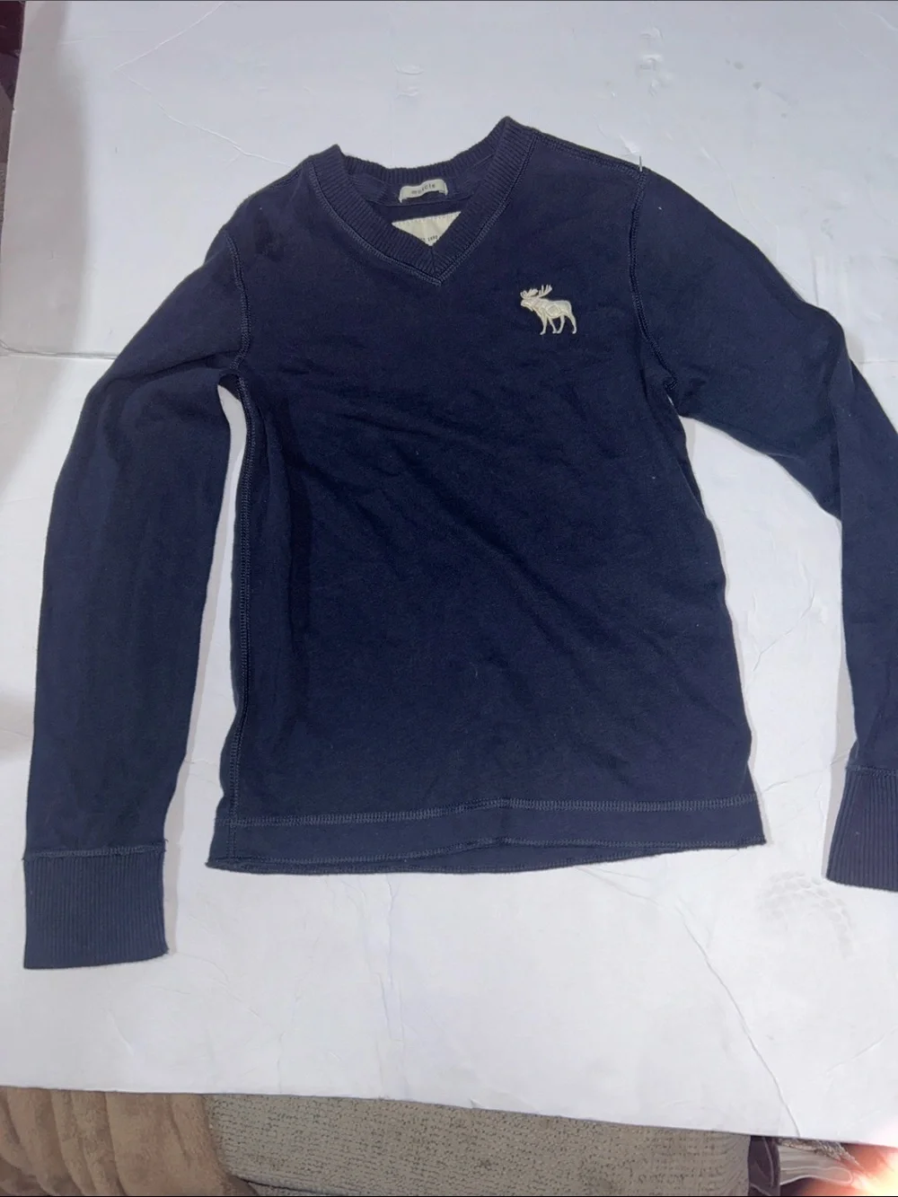 Abercrombie & Fitch Kids Navy V-Neck Sweater with Cream Moose Emblem Size Small